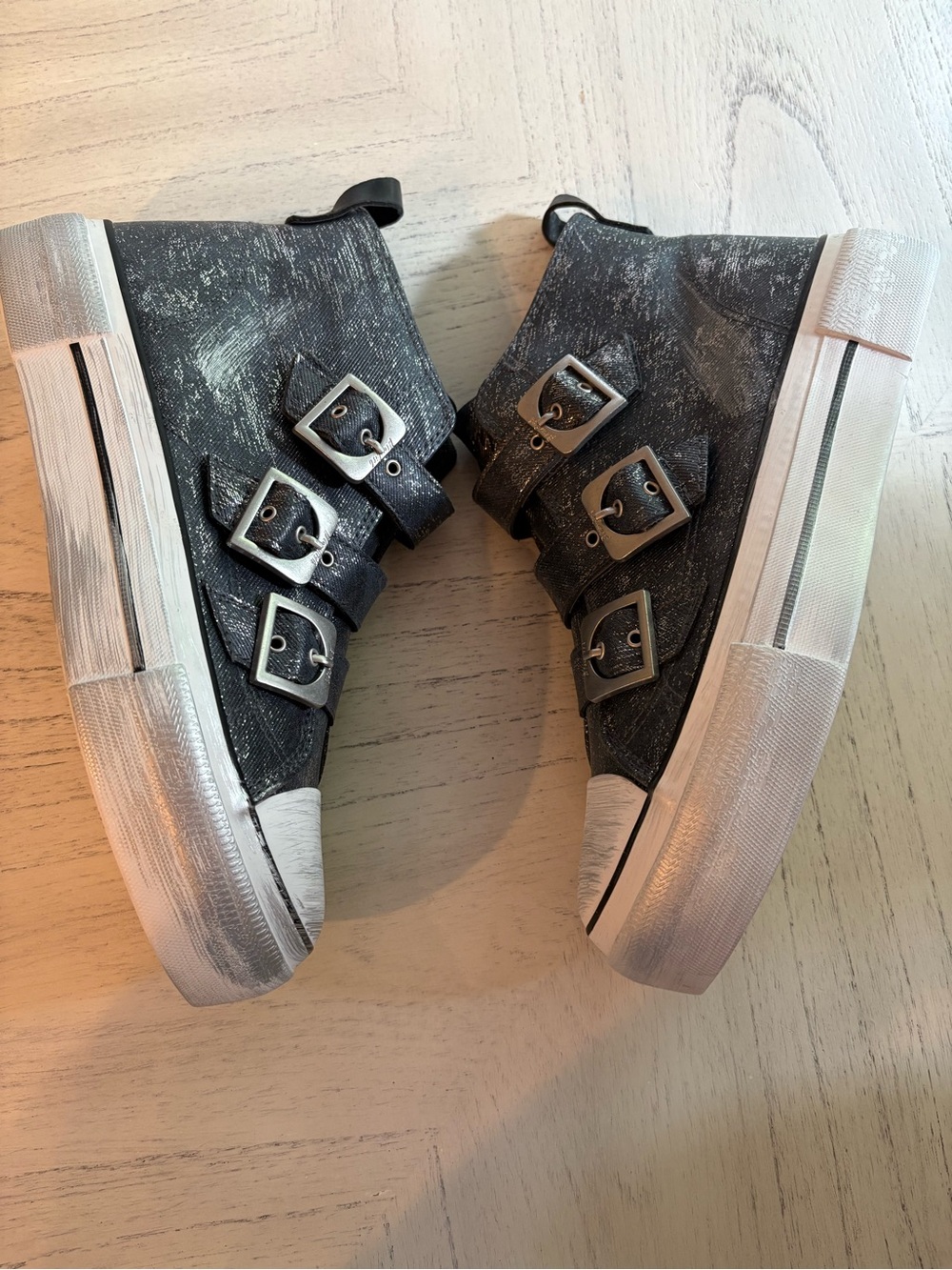 Blowfish Metallic Black High-Top Buckle Sneakers with White Toe - Picture 4 of 10